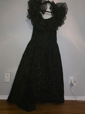 Black Ruffled Floral Velvet Evening Gown